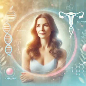 Mittelalte Frau in sanftem Licht, umgeben von Symbolen für Hormonersatztherapie (HRT), wie DNA-Helix und Östrogen-Molekülen, vor einem natürlichen Hintergrund. Darstellung von Vitalität und Gesundheit in der Menopause.